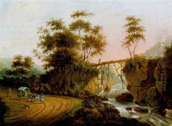 Travellers With A Horse And Wagon On A Sandy Track Near A Waterfall, A Shepherd On A Footbridge Beyond, In A Mountainous Landscape Oil Painting by Joseph Augustus Knip