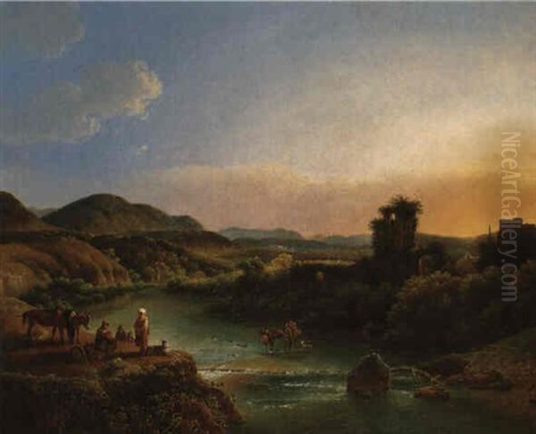 Peasants Resting On A Wooded Outcrop Above A River Oil Painting by Joseph Augustus Knip