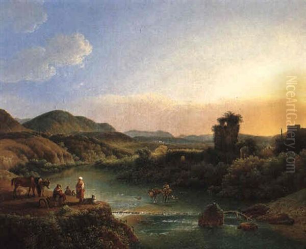 Peasants Resting On A Wooded Outcrop Above A River, With A Muleteer Oil Painting by Joseph Augustus Knip