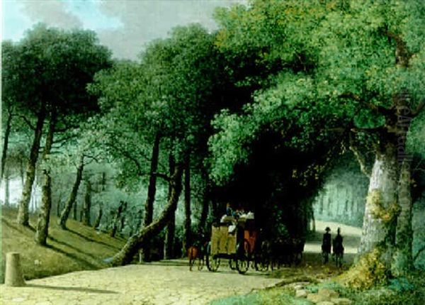 A Road Entering A Forest With A Group Of Soldiers In A Carriage Oil Painting by Marten Derk Knip