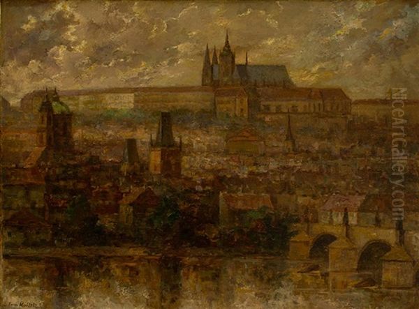 Vltava With Bridges And Prague Castle Oil Painting by Emanuel Knizek