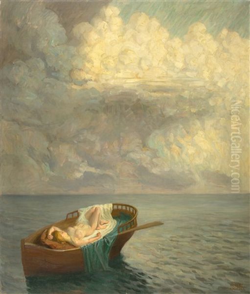 Dreaming Figure In A Boat, Under A Stormy Sky Oil Painting by Robert Knoebel