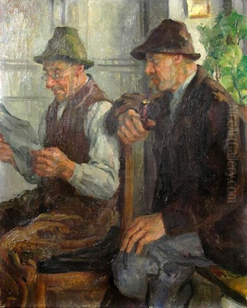 Farmers Reading Newspaper Oil Painting by Robert Knoebel