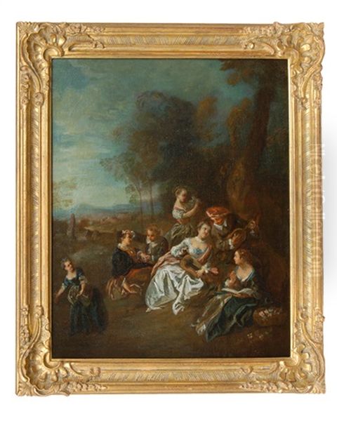 Landscape With An Elegant Party (+ Another, Similar; Pair) Oil Painting by Georg Wenzeslaus Von Knobelsdorff