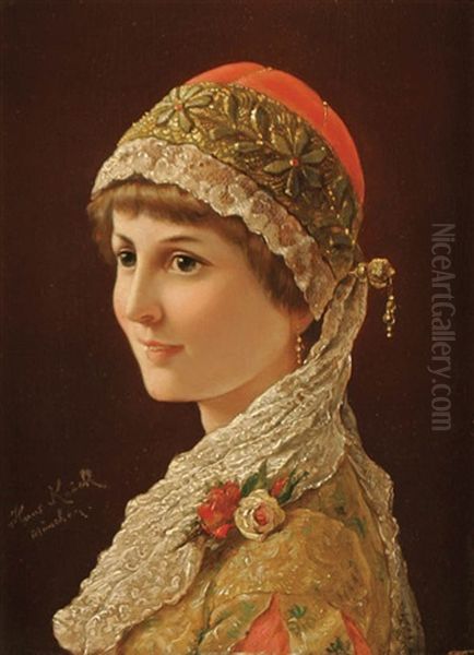 Beautiful Young Woman With Embroidered Costume Oil Painting by Hans Knoechl