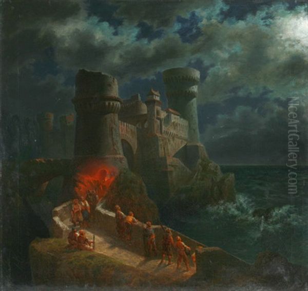 Kaukasische Krieger Bei Der Nachtwache Auf Einer Riesigen Burganlage Am Meer Oil Painting by Waldemar Knoll