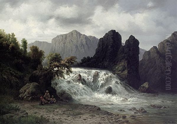 Wildbach Im Kaukasus Mit Rastenden Jagern Am Ufer Oil Painting by Waldemar Knoll