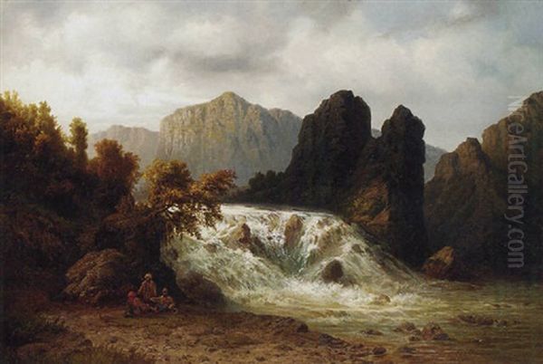 Figures Resting By A Waterfall In A Mountainous Landscape Oil Painting by Waldemar Knoll