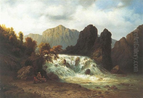 Wildbach Im Kaukasus Mit Rastenden Jagern Oil Painting by Waldemar Knoll