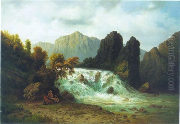 Wildbach Im Kaukasus, Am Ufer Rastende Jager Oil Painting by Waldemar Knoll