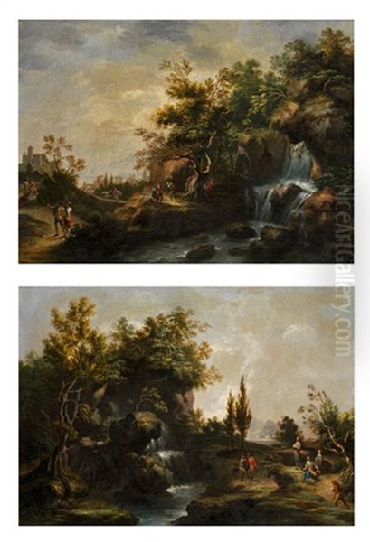 Landschaften Mit Wasserfall Und Staffagefiguren Oil Painting by Martin Knoller