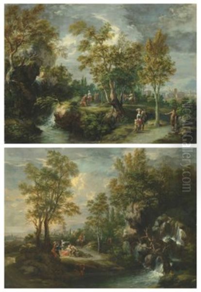 An Extensive Wooded Landscape With Figures By A Waterfall, A Town Beyond; And Travellers Resting By A Waterfall, A Town Beyond Oil Painting by Martin Knoller