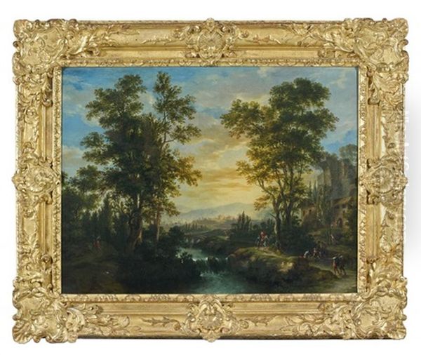 Paysage De Riviere Anime D'un Cavalier Et De Personnages Et Vallon Rocheux Anime De Voyageurs (pair) Oil Painting by Martin Knoller