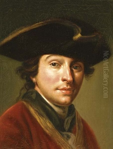 Portrait Of The Artist Anton Von Maron In A Red Coat And Black Hat Oil Painting by Martin Knoller