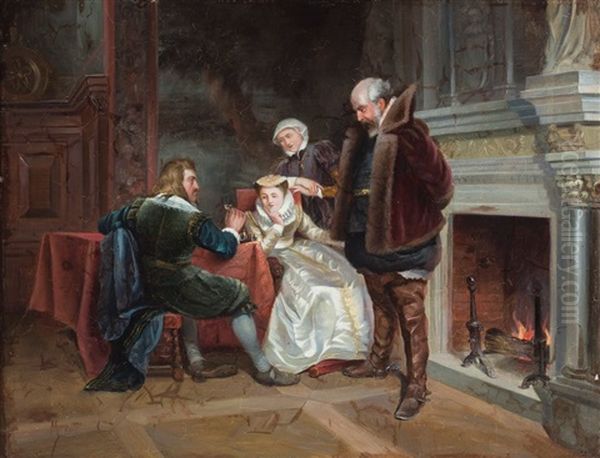 Adelige Beim Schachspiel In Einem Prachtvollen Schlossaal Mit Offenem Kamin Oil Painting by August Hermann Knoop