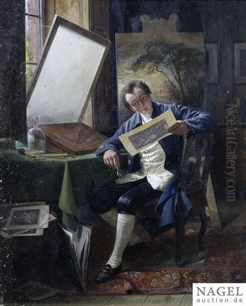 Engraver Looking At A Print Oil Painting by August Hermann Knoop