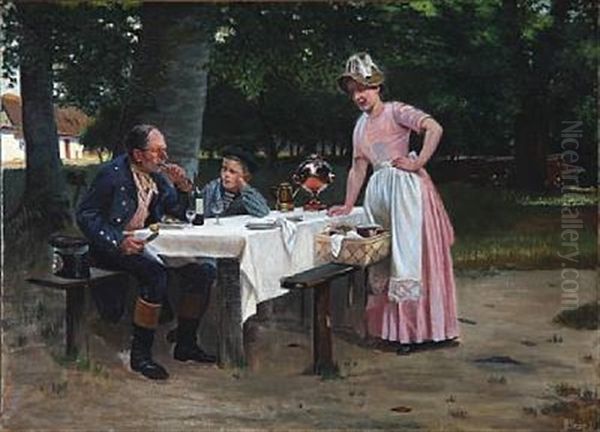 August Hermann Knoop (after Erik Henningsen): Frokost I Skoven Oil Painting by August Hermann Knoop