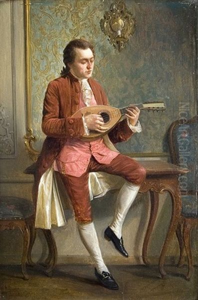 2 Portraits: Cellospieler Im Rokokokostum/lautenspieler Im Rokokokostum (2 Works) Oil Painting by August Hermann Knoop