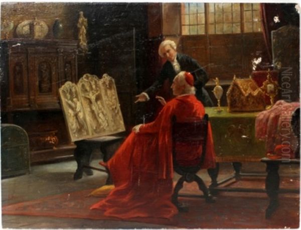 Cardinal And Antique Dealer Oil Painting by August Hermann Knoop