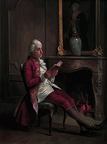 Eleganter Kavalier Im Habit Des 18. Jahrhunderts Sitzt Am Kamin Und Liest In Einem Buch Oil Painting by August Hermann Knoop