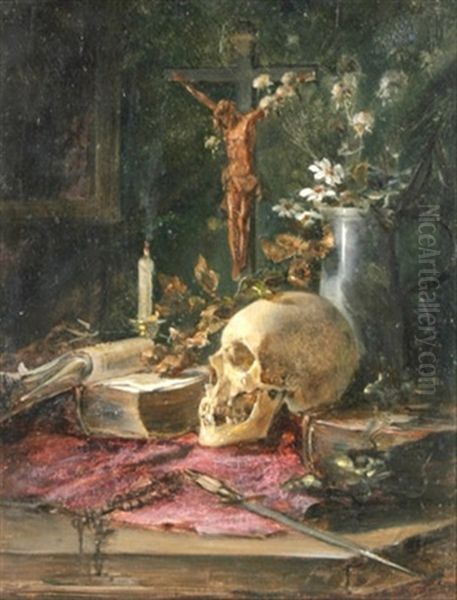 Vanitas-stilleben Mit Kruzifix, Kerze, Buchern, Blumenstraus Und Totenkopf Oil Painting by Mathilde Knoop-Spielhagen