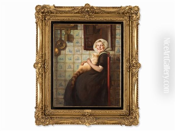 Girl With Cat Oil Painting by Hermann Knopf