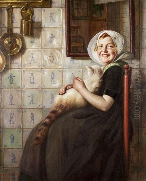 Mit Der Katze Daheim Oil Painting by Hermann Knopf