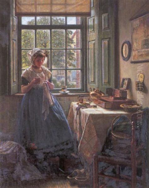 A Young Girl Doing Needle Work Oil Painting by Hermann Knopf