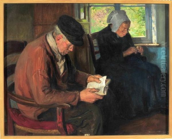 Alteres Ehepaar In Der Stube - Er Liest In Einem Kleinen Buch, Wahrend Sie In Die Hausarbeit Vertieft Ist Oil Painting by Imre Knopp