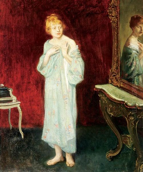 Young Lady Looking In Mirror Admiring Robe Oil Painting by Imre Knopp