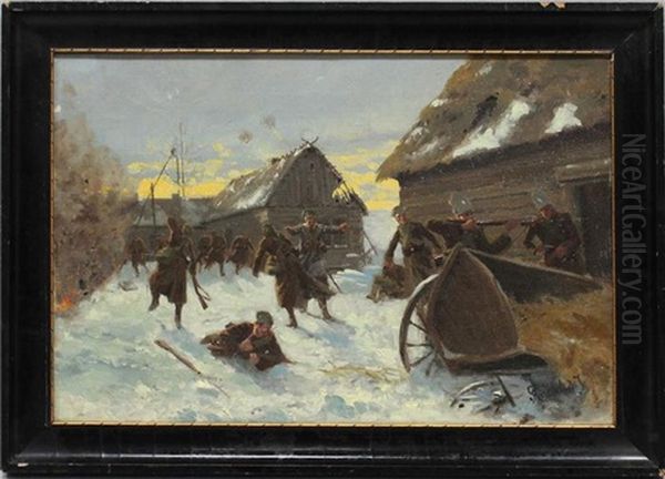 1. Wk Mit Deutschen Und Russischen Soldaten In Verschneitem Dorf Kampfend Oil Painting by Richard Knoetel