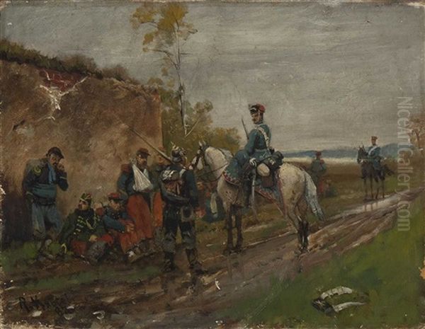 Preusischer Husar Zu Pferd Bei Franzosischen Kriegsgefangenen Oil Painting by Richard Knoetel