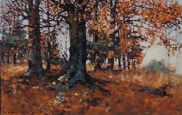 Birch Wood In Autumn Oil Painting by Elizabeth Annie Mcgillivray Knowles