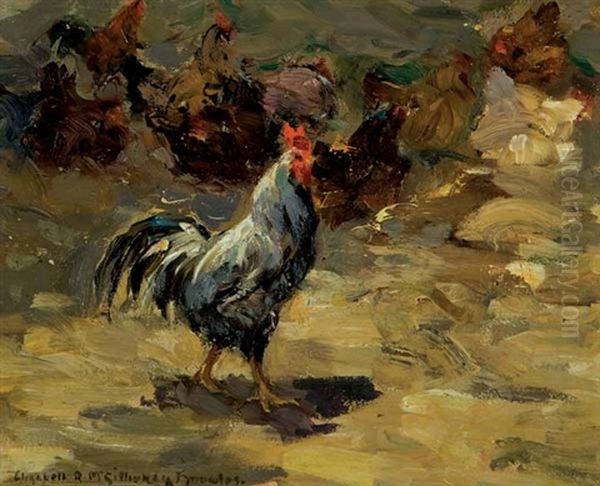 Barnyard Roosters And Chickens Oil Painting by Elizabeth Annie Mcgillivray Knowles