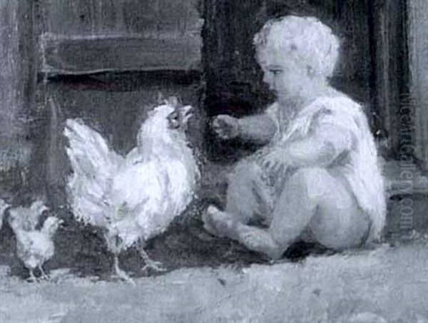 Baby With Rooster And Chicks Oil Painting by Elizabeth Annie Mcgillivray Knowles