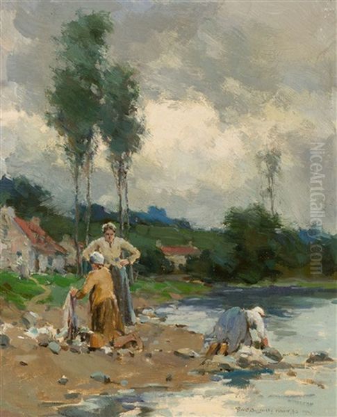 Washing At The Riverbank Oil Painting by Farquhar McGillivray Strachen Knowles