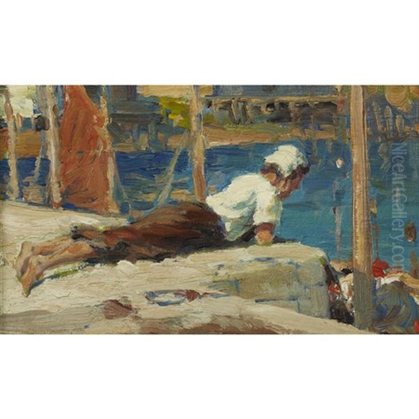 Child At A Dock Oil Painting by Farquhar McGillivray Strachen Knowles