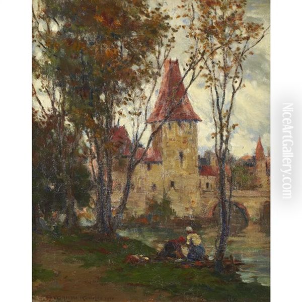 European River Scene With Figures Oil Painting by Farquhar McGillivray Strachen Knowles