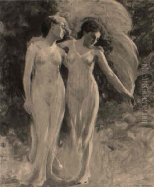 Two Nymphs In A Glade Oil Painting by Farquhar McGillivray Strachen Knowles