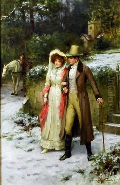 Winters Landscape With Young Couple Walking In A Garden Oil Painting by George Sheridan Knowles