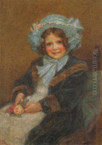 Joyce, Daughter Of Arthur E J Hinchcliffe Esq, Seated, Three-quarter Length Wearing Period Costume Holding Roses Oil Painting by George Sheridan Knowles