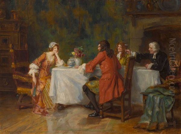 Rokokogesellschaft Am Tisch Vor Einem Kaminfeuer Oil Painting by George Sheridan Knowles