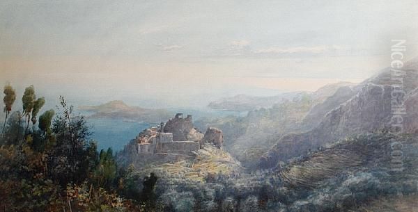 Landscape View Of Hilltop Town Withmediterranean Beyond Oil Painting by Ainslie H. Bean