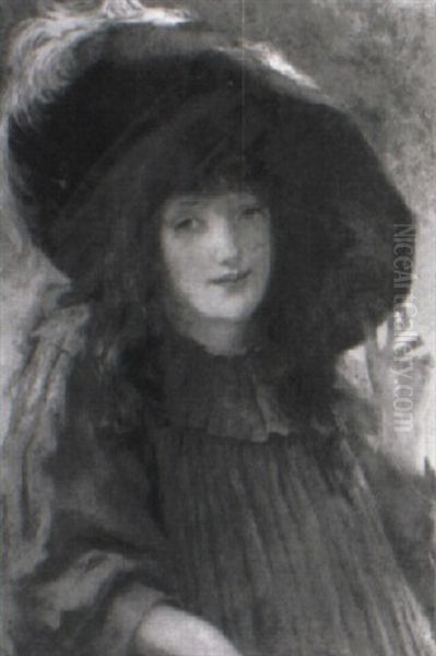 A Portrait Of A Young Girl Wearing A Red Smock Dress And A  Hat With A Feathered Plume Oil Painting by George Sheridan Knowles