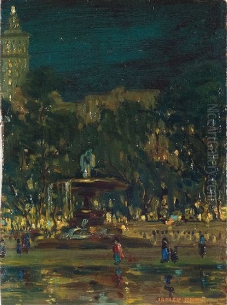 Street Scene With Fountain Oil Painting by James Knox