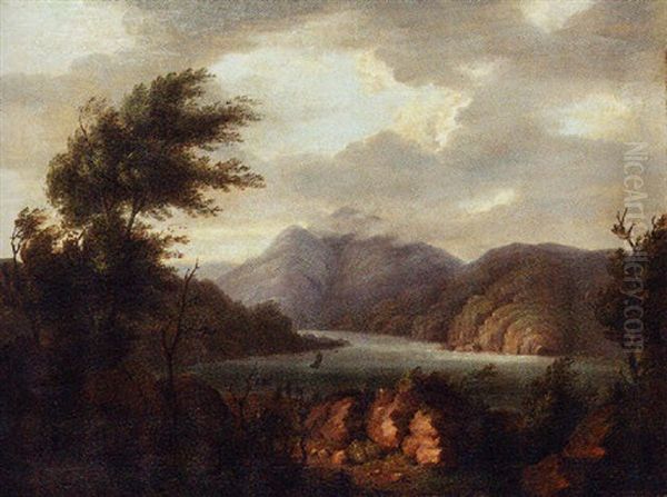 An Extensive Mountainous Landscape With Figures On The Shores Of A Lake, A Sailboat Beyond Oil Painting by John Knox