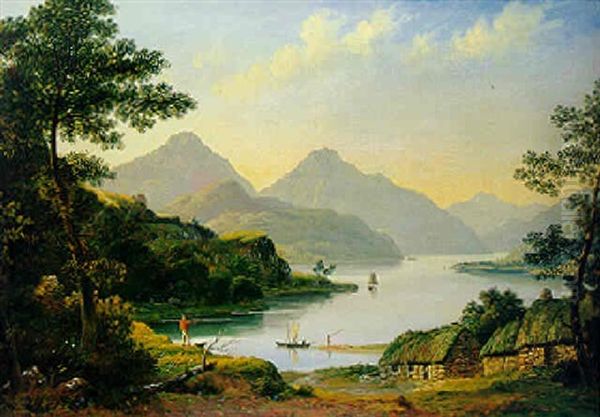 Figures And Cattle On The Shores Of A Scottish Loch Oil Painting by John Knox