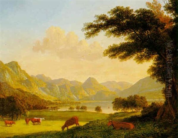 Landscape With Cattle By A Loch Oil Painting by John Knox