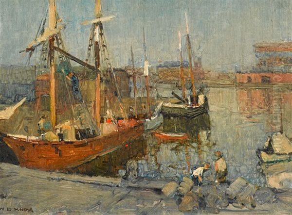 Moored Fishing Boats Oil Painting by W.D. Knox