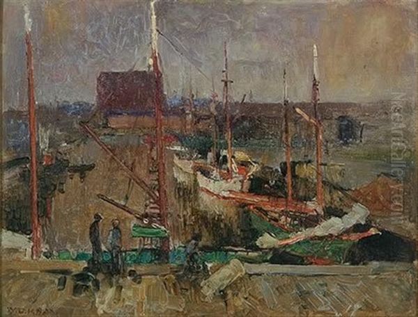 Untitled (boats At Dock) Oil Painting by William Dunn Knox